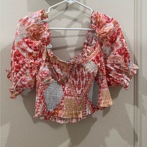 Jacqui the Label Red and Pink Patchwork Puff Sleeve Crop top Blouse Size Medium